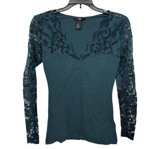 H&M Top Womens XS Dark Green Lace Sweetheart Stretch Classy
